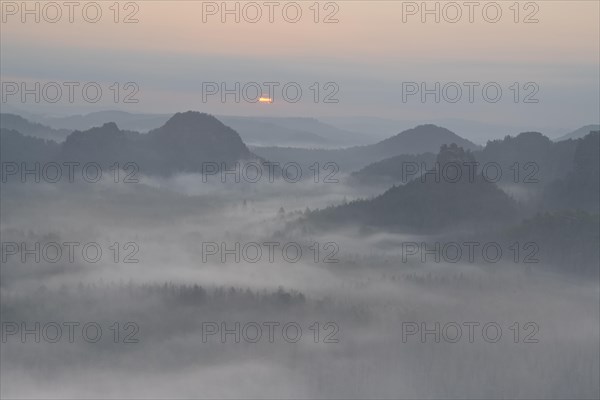 View from Kleiner Winterberg at sunrise View of Lorenzsteine and Hinteres Raubschloss or Winterstein