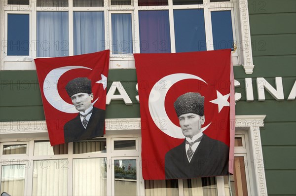 Flags on house facade on the anniversary of the death of the first president Kemal Atatuerk