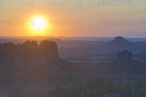 View from Carola Rock over Elbe Sandstone Mountains with Schrammsteine