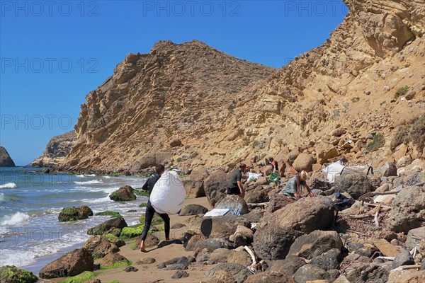 Young people collecting plastic waste on the beach