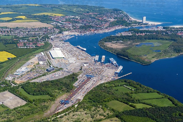 Aerial view of Travemuende Harbour to the mouth of the Baltic Sea at Travemuende