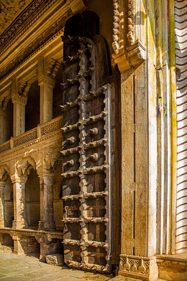 Hathi pole with spikes against elephant attack at the entrance to Taragarh Fort