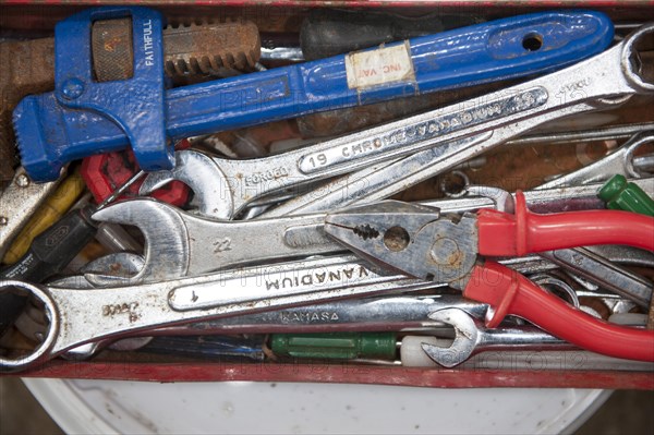 Tool box full of spanners and other tools