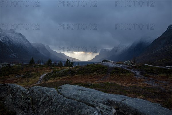 View over Ersfjordbotn in autumn at dusk