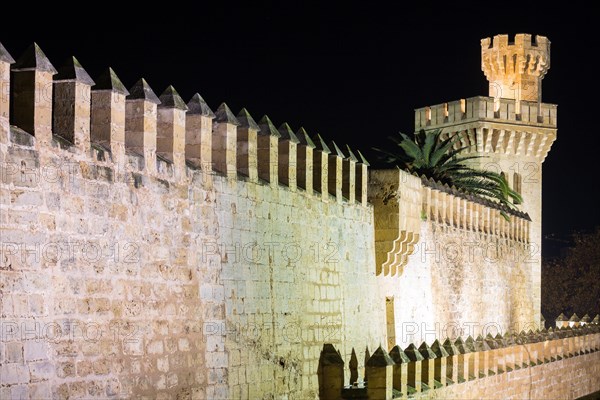 Fortress wall with watchtower at night