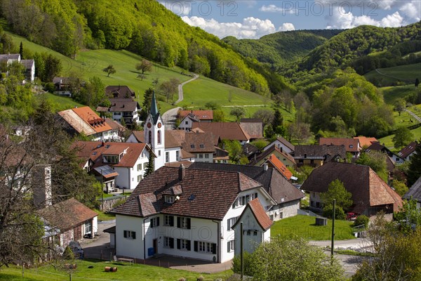 Village view with church and parish hall