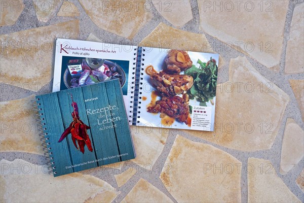 Book title and open cookbook on stone floor