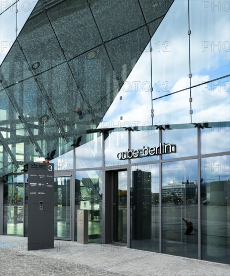 Entrance to the innovative office building The Cube at the main station