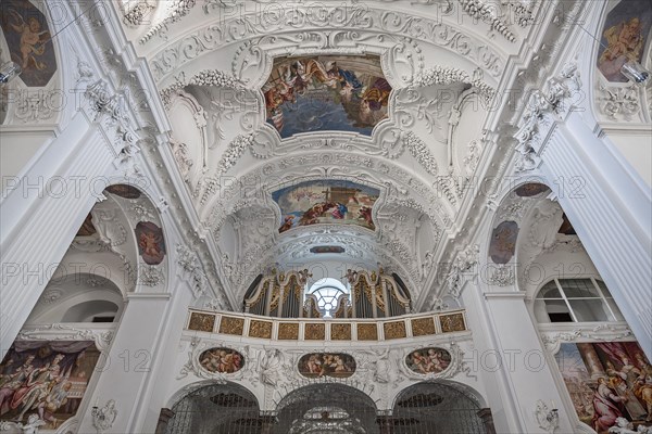 Interior view with organ loft and ceiling frescoes