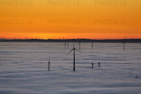 Wind turbines rising from cloud cover