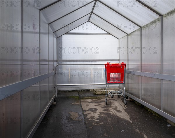 Last red shopping trolley under a plastic roof