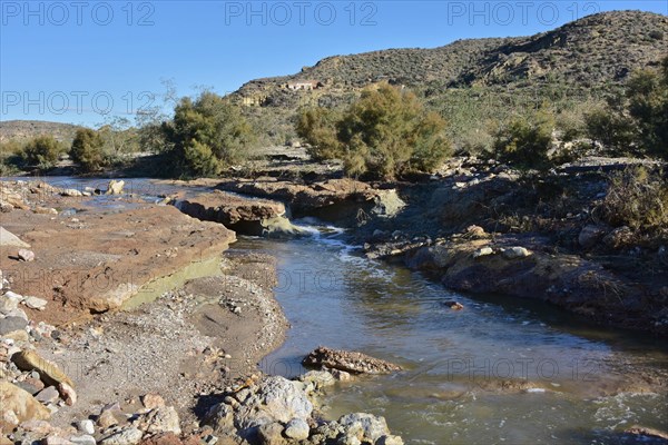 Stream with rocky bank flows through Mediterranean landscape