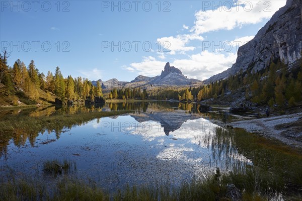 Monte Pelmo reflected in mountain lake Lago Federa