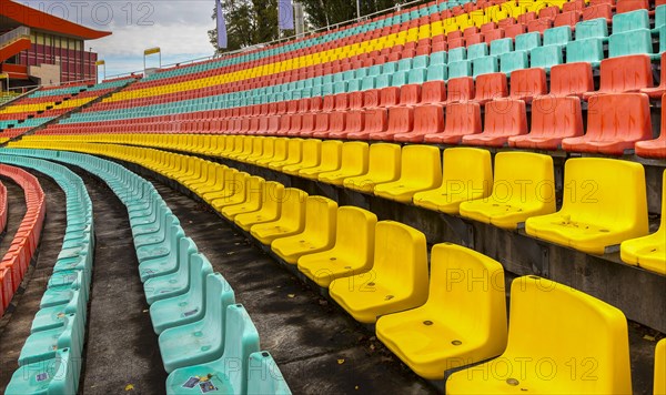 Colourful seats for the spectators at Friedrich Ludwig Jahn Sportpark