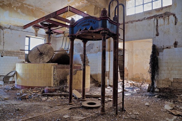 Inside an olive mill with press