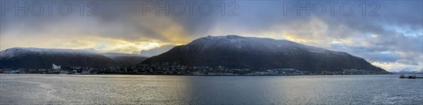 At the harbour with view to the Ice Sea Cathedral and the cable car station Fjellheisen at Storsteinen