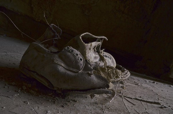 Two work shoes on clay soil