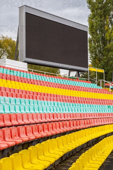 Colourful seats for the spectators at Friedrich Ludwig Jahn Sportpark