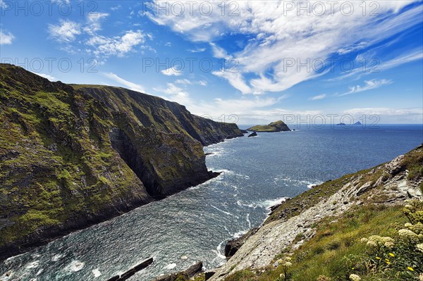 Cliffs with view of the Skellig Islands on the horizon