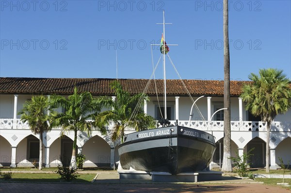 Boat in front of the Bolivian Navy barracks