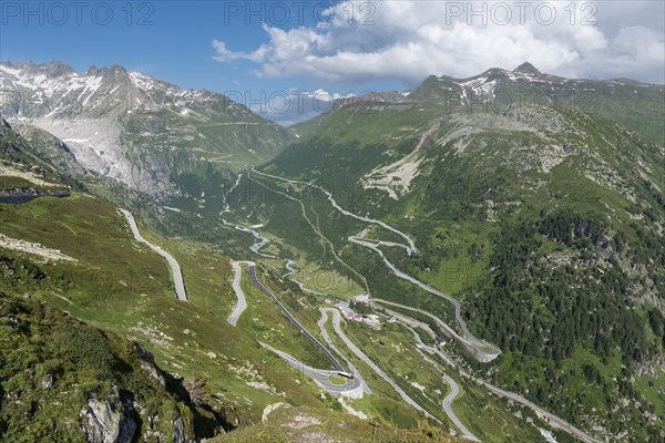 View of the Rhone Valley in Valais with Furka Road and Grimsel Pass Road
