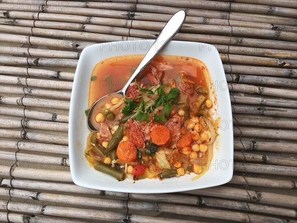 Soup Chickpea stew with chorizo sausage