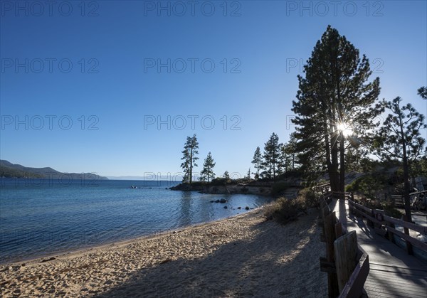 Wooden walkway on sandy beach with sun star