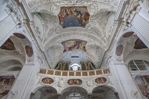 Interior view with organ loft and ceiling frescoes