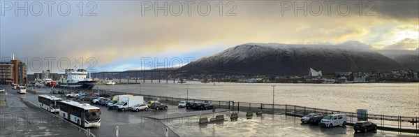 At the harbour with view to the Ice Sea Cathedral and the cable car station Fjellheisen at Storsteinen