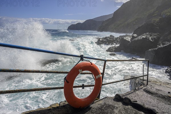 Lifebuoy by the wild coast at Pescante de Agulo