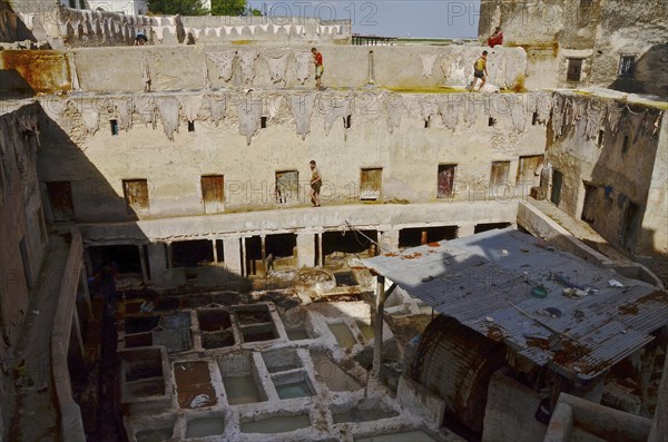 Workers and tanning basin of a tannery