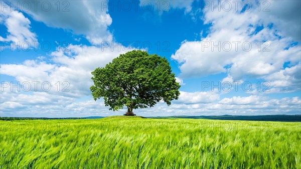 Large solitary oak in green field