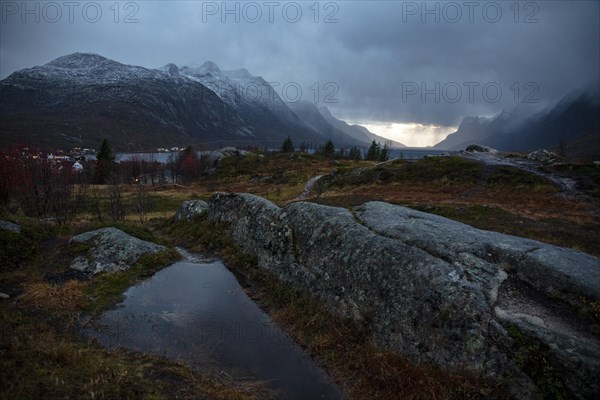 View over Ersfjordbotn in autumn at dusk