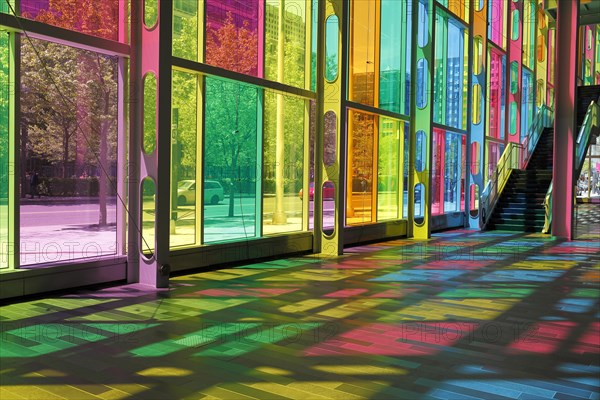 Colorful reflections in the foyer of the Palais des congres de Montreal convention centre