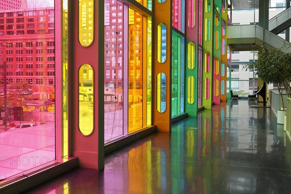 Colorful reflections in the foyer of the Palais des congres de Montreal convention centre