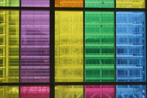 Colorful windows in the foyer of the Palais des congres de Montreal convention centre