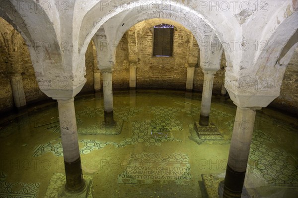 Flooded floor mosaic in the crypt of the Basilica di San Pietro Maggiore in San Francesco