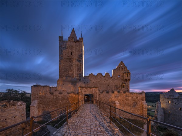 Rudelsburg castle ruins in the Saale valley near Bad Koesen at dusk