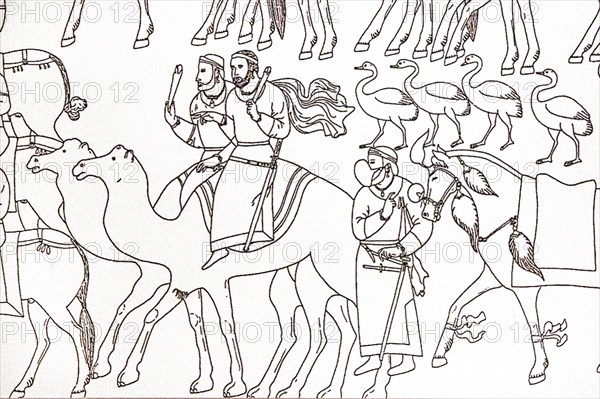 Sketch of wall paintings of the Sogdian palaces