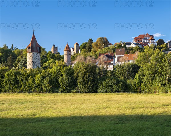 View of the old town with fortified towers and half-timbered houses