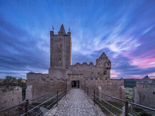 Rudelsburg castle ruins in the Saale valley near Bad Koesen at dusk