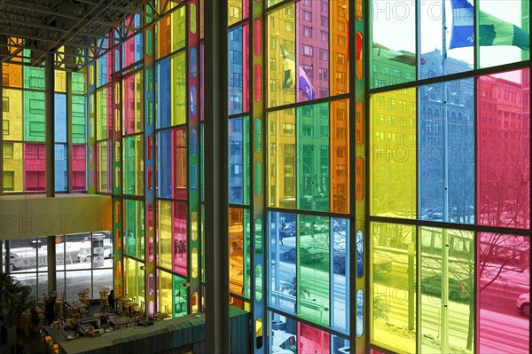 Colorful windows in the foyer of the Palais des congres de Montreal convention centre