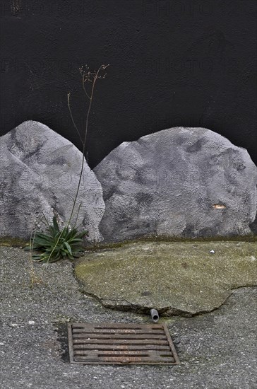 Wall painting with rocks in front of gully and water pipe