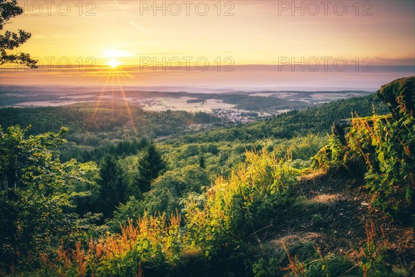 View at sunset from the slate rock Grossen Zacken in the Taunus