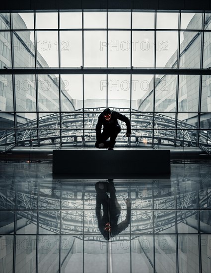 Man with Purge mask in a modern building