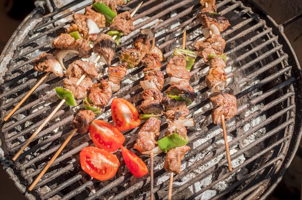 Roast beef skewers on a grill