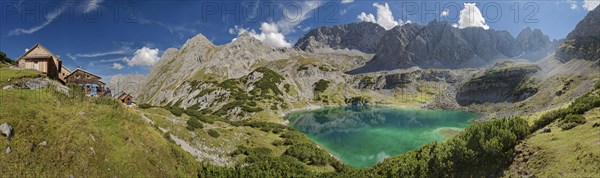 Mountain panorama with Coburger Huette and the turquoise-coloured Drachensees