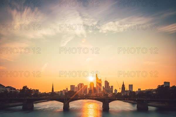 Skyline and banking district at sunset