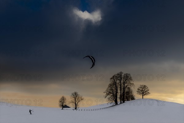 Kite surfers in winter landscape in front of dramatic sky