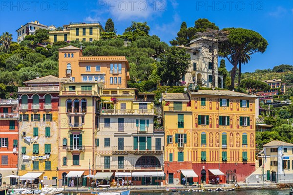 Pastel-coloured house facades at the harbour of Portofino